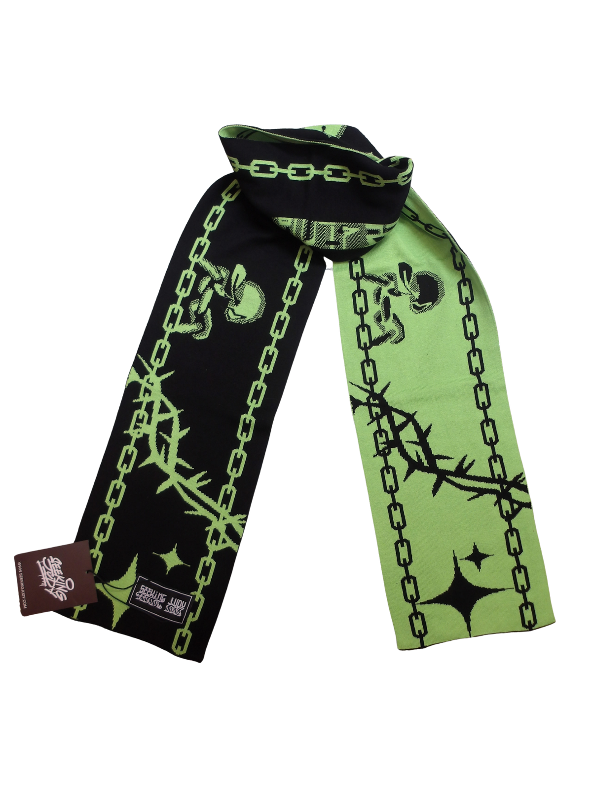 GREEN AND BLACK SCARF WITH SEEKING JUDY GRAPHICS