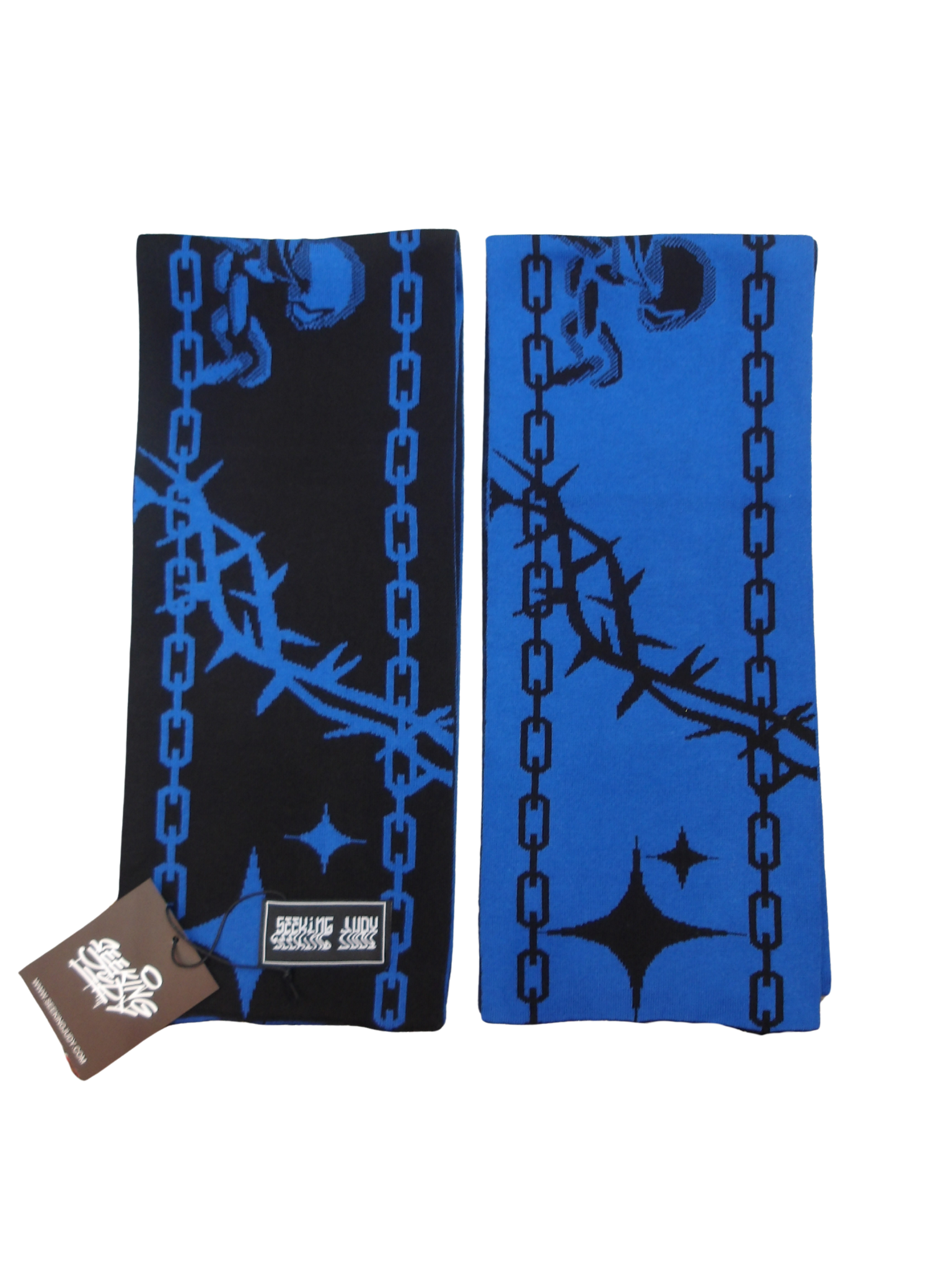 BLUE AND BLACK SCARF WITH SEEKING JUDY GRAPHICS