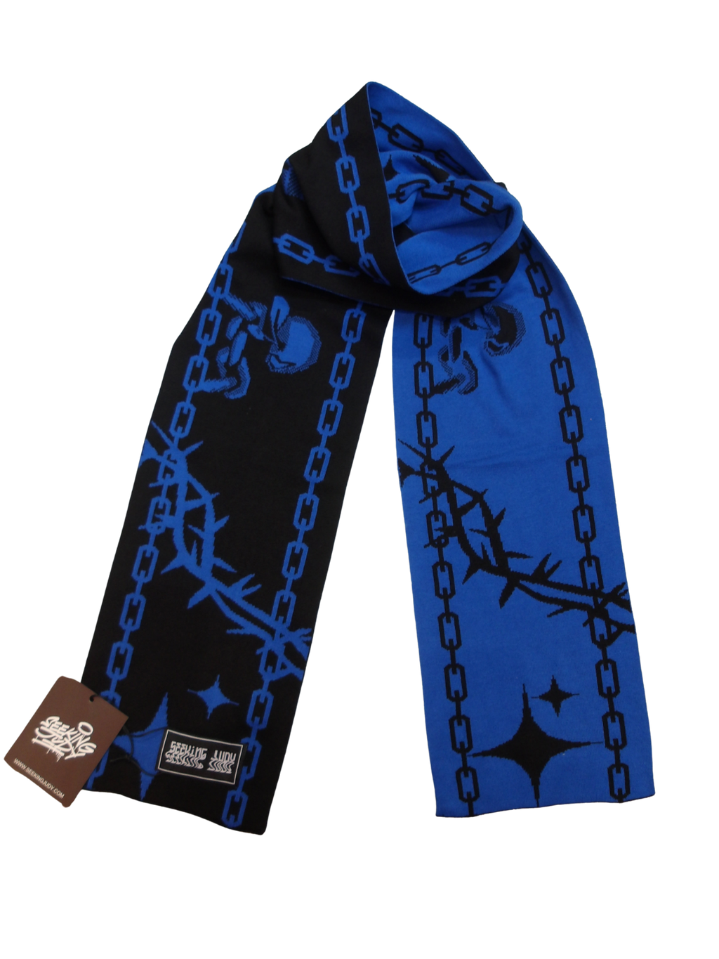 BLUE AND BLACK SCARF WITH SEEKING JUDY GRAPHICS