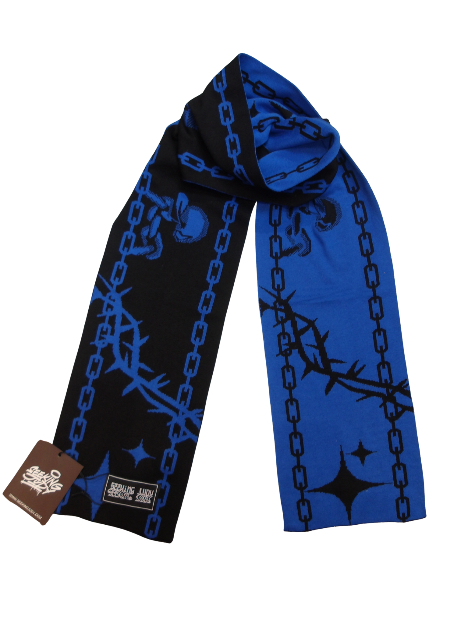 BLUE AND BLACK SCARF WITH SEEKING JUDY GRAPHICS