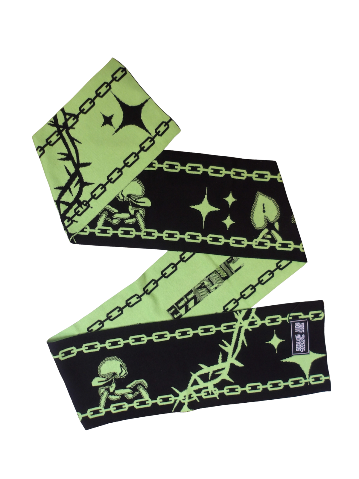 GREEN AND BLACK SCARF WITH SEEKING JUDY GRAPHICS