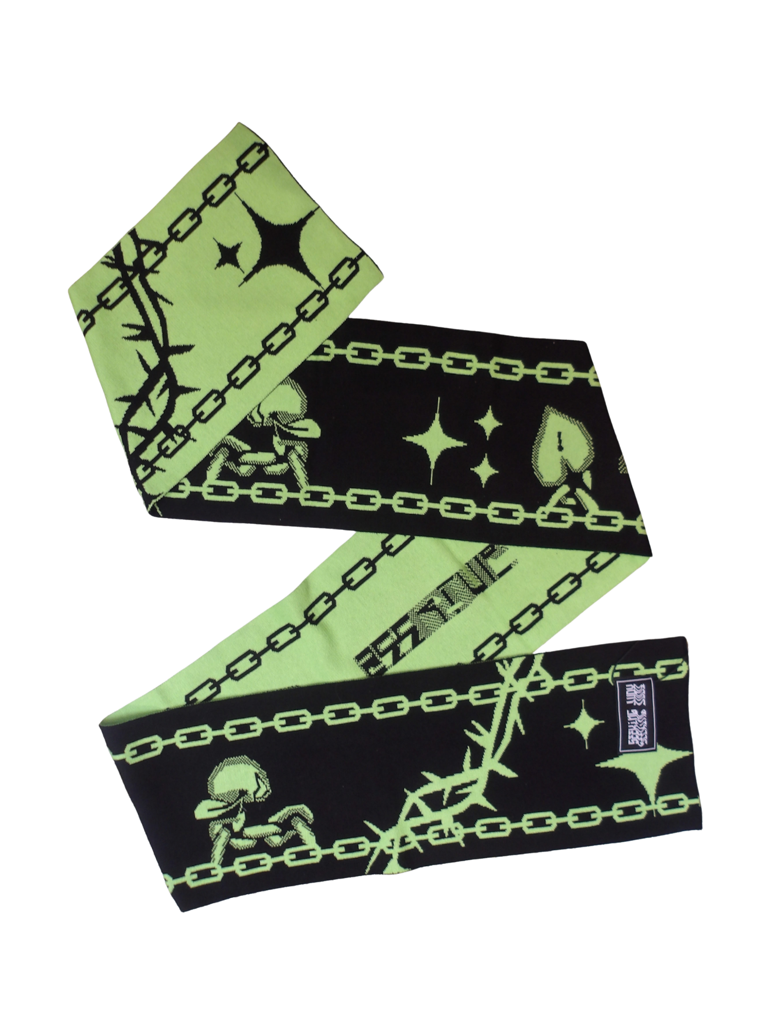 GREEN AND BLACK SCARF WITH SEEKING JUDY GRAPHICS