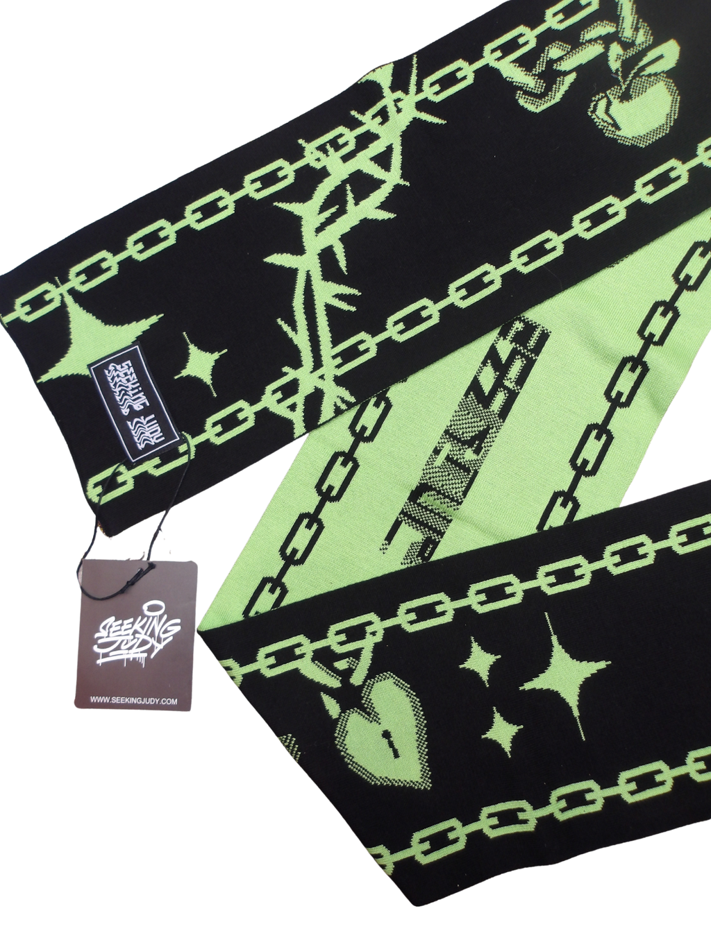 GREEN AND BLACK SCARF WITH SEEKING JUDY GRAPHICS