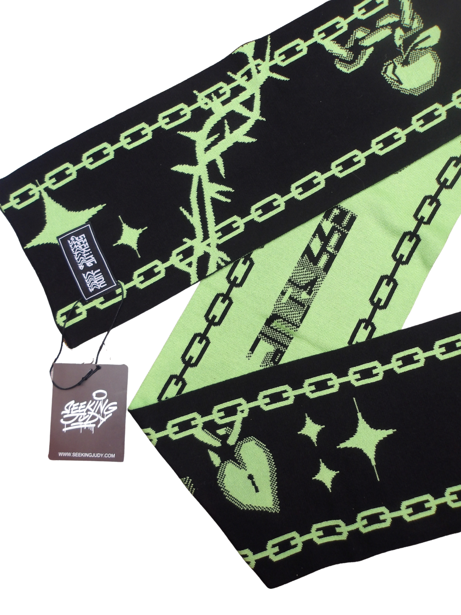 GREEN AND BLACK SCARF WITH SEEKING JUDY GRAPHICS