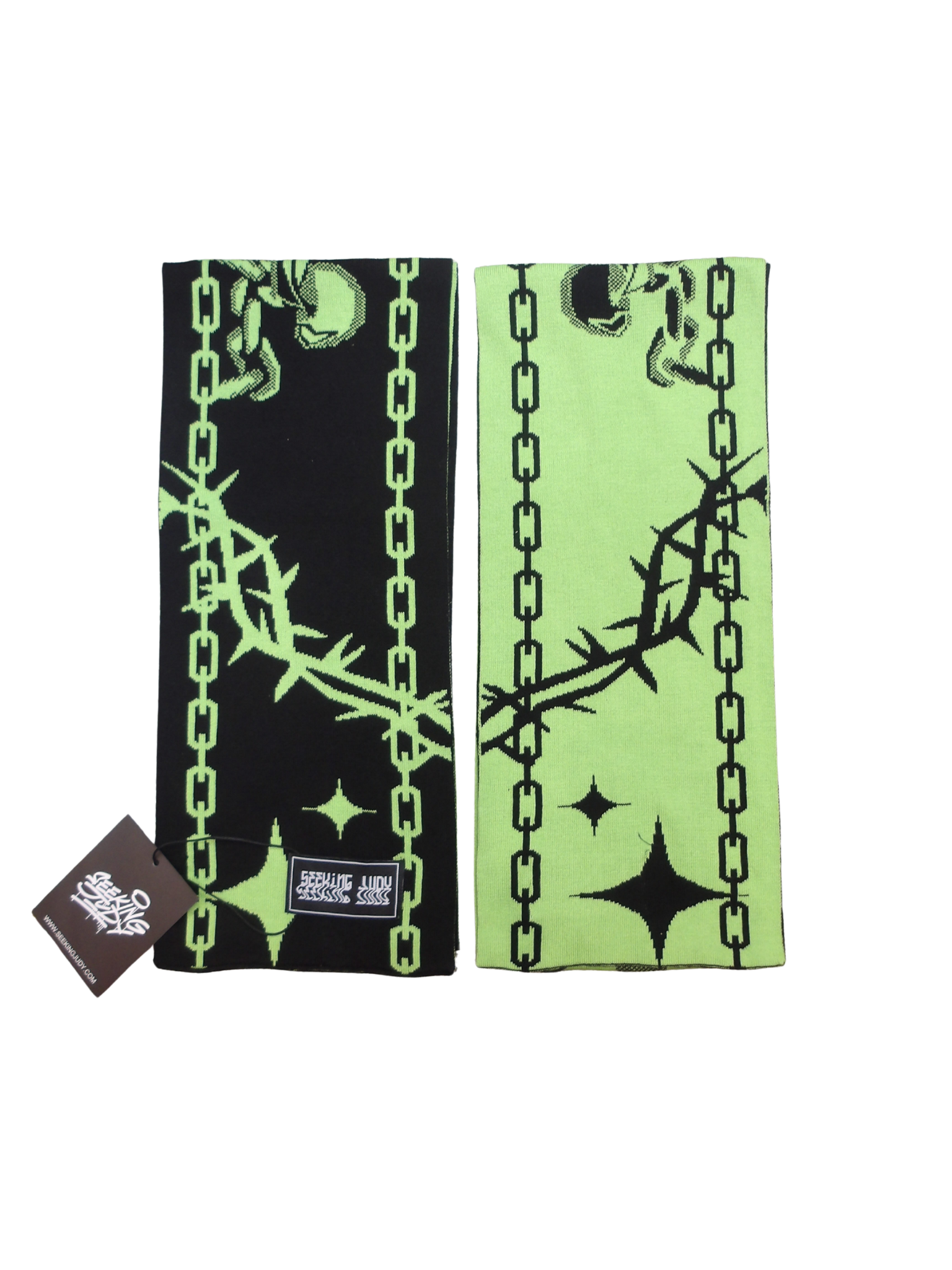 GREEN AND BLACK SCARF WITH SEEKING JUDY GRAPHICS