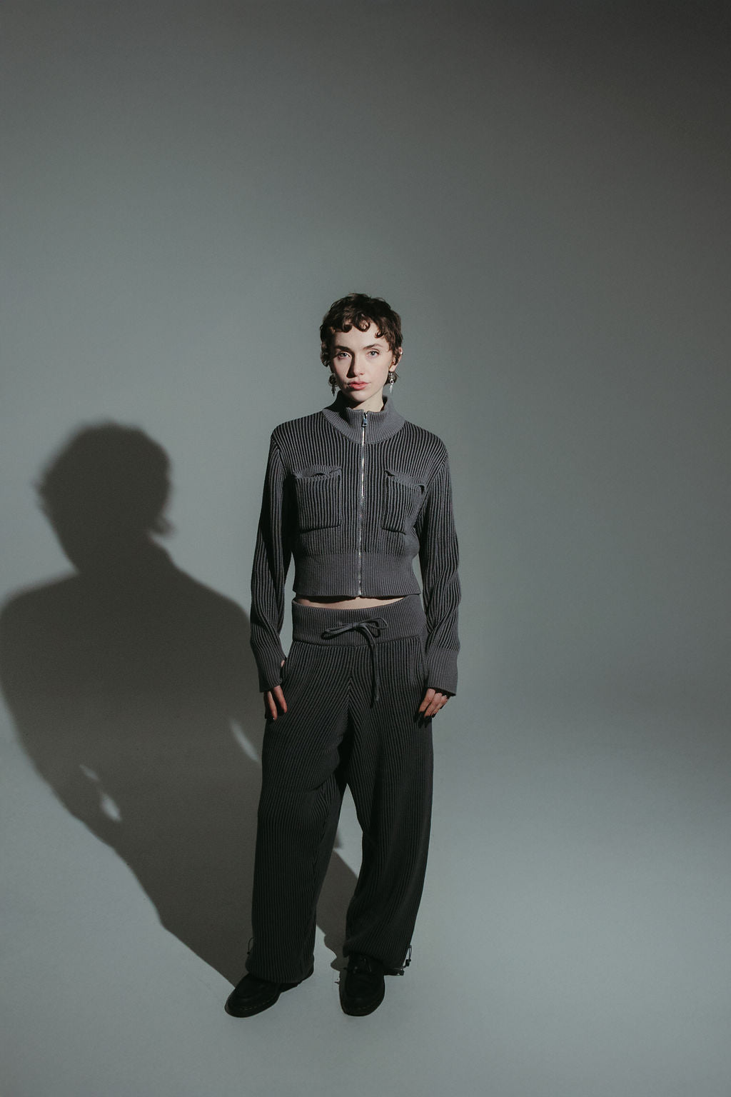 Grey 100% cotton rib knit tracksuit bottoms