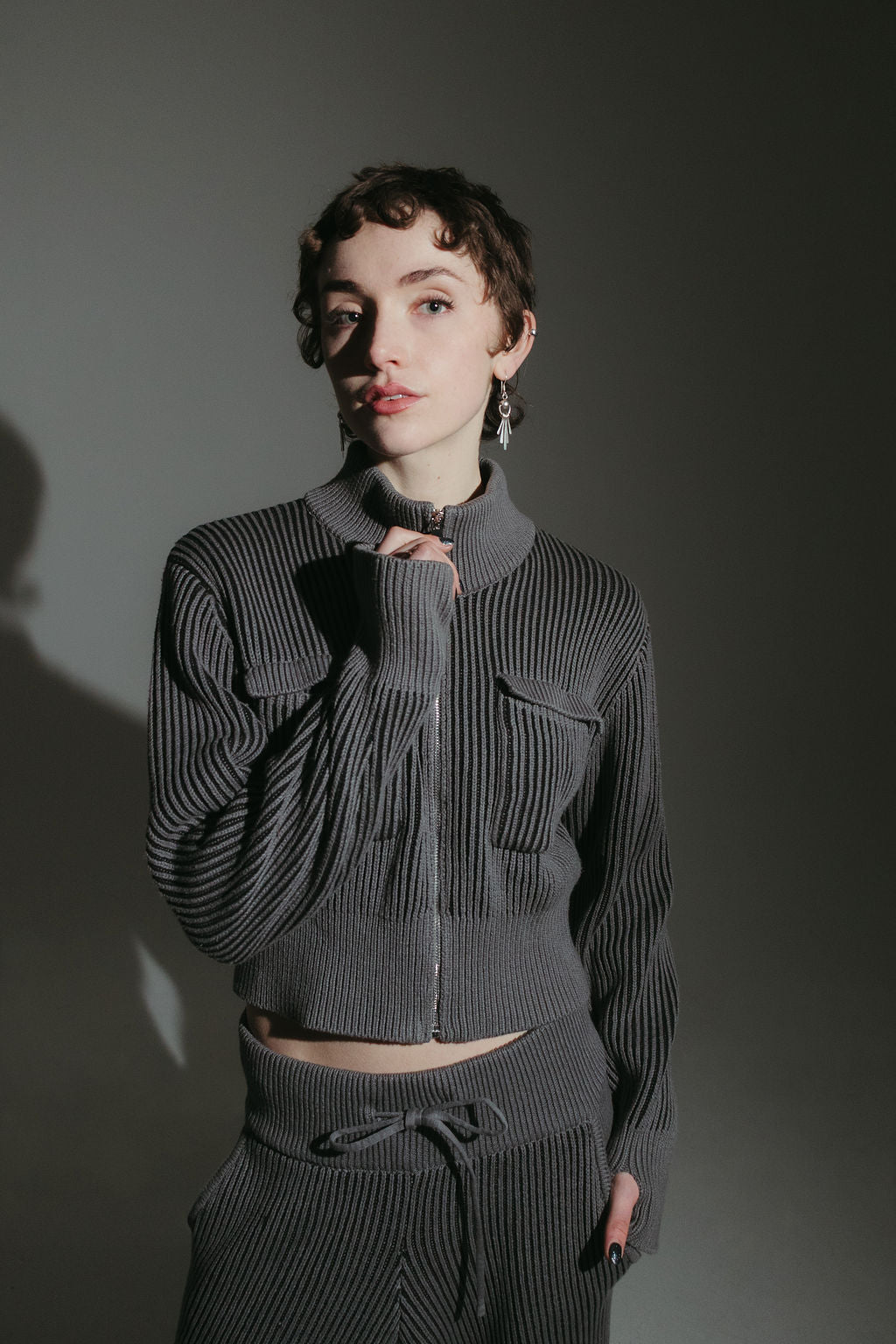 100% cotton rib knit tracksuit top Grey cropped fit