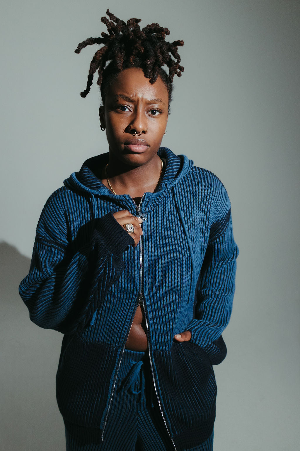 Blue Hooded 100% cotton rib knit tracksuit top