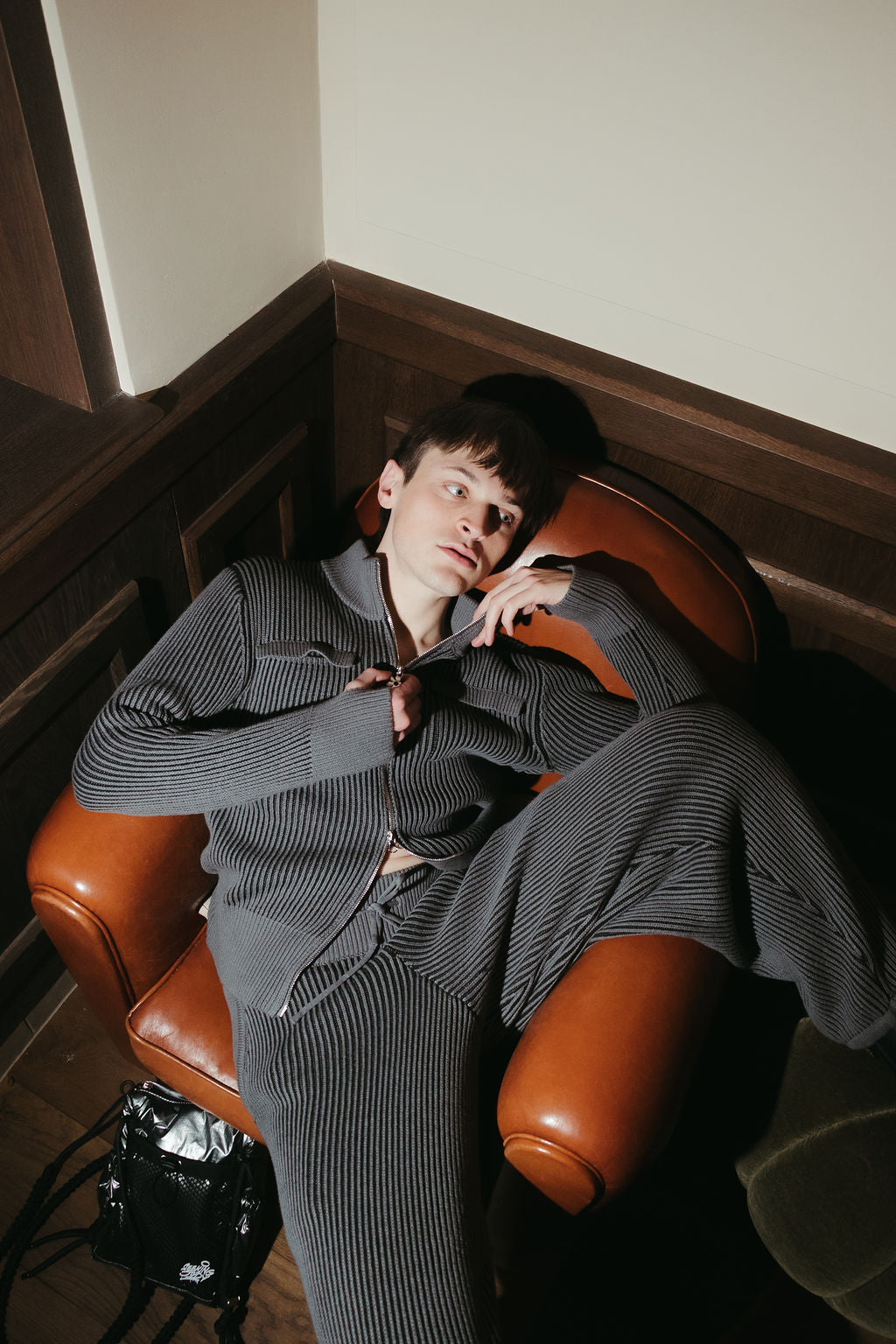 100% cotton rib knit tracksuit top Grey