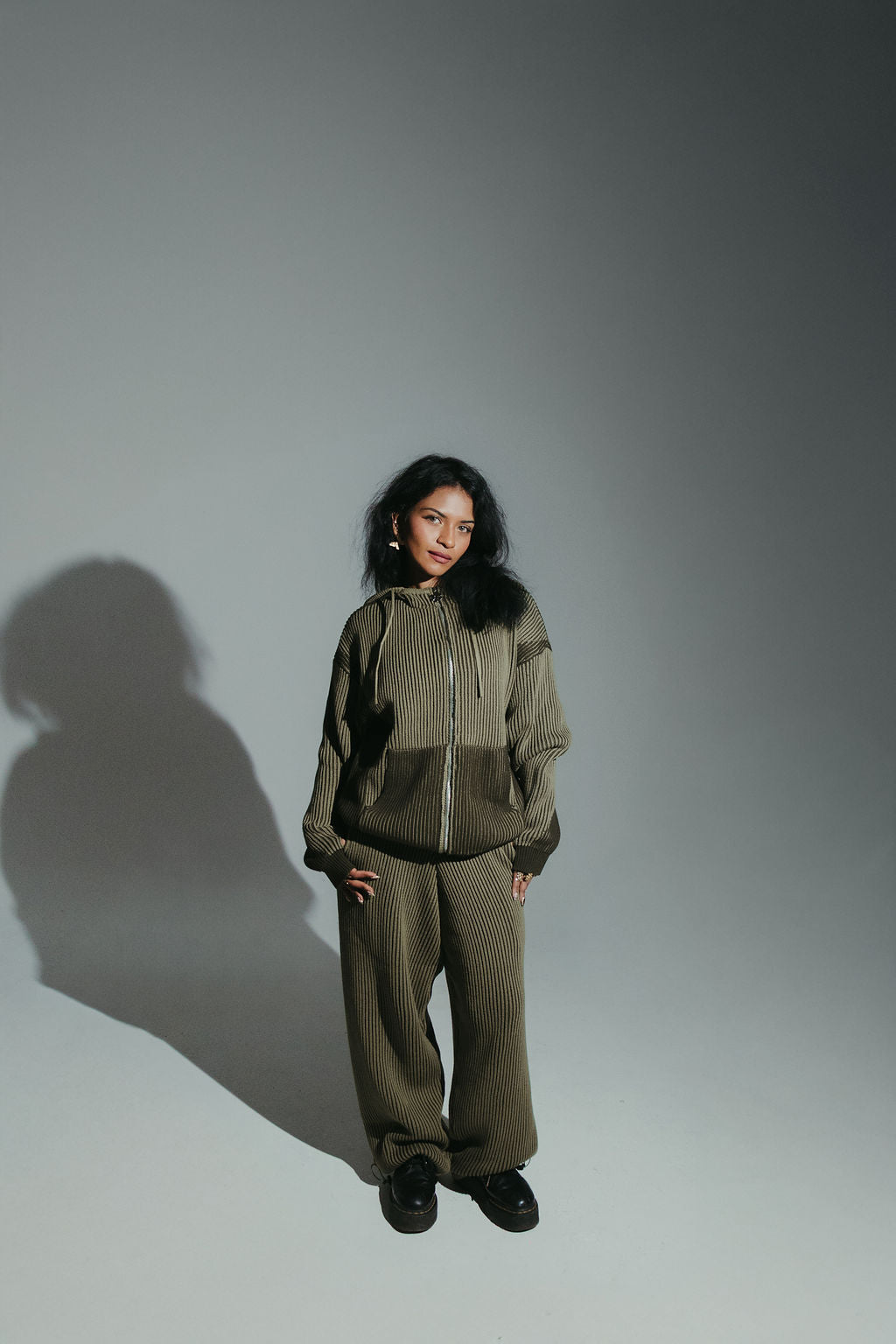 Khaki Hooded 100% cotton rib knit tracksuit top