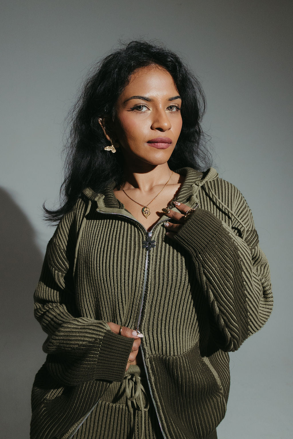 Khaki Hooded 100% cotton rib knit tracksuit top