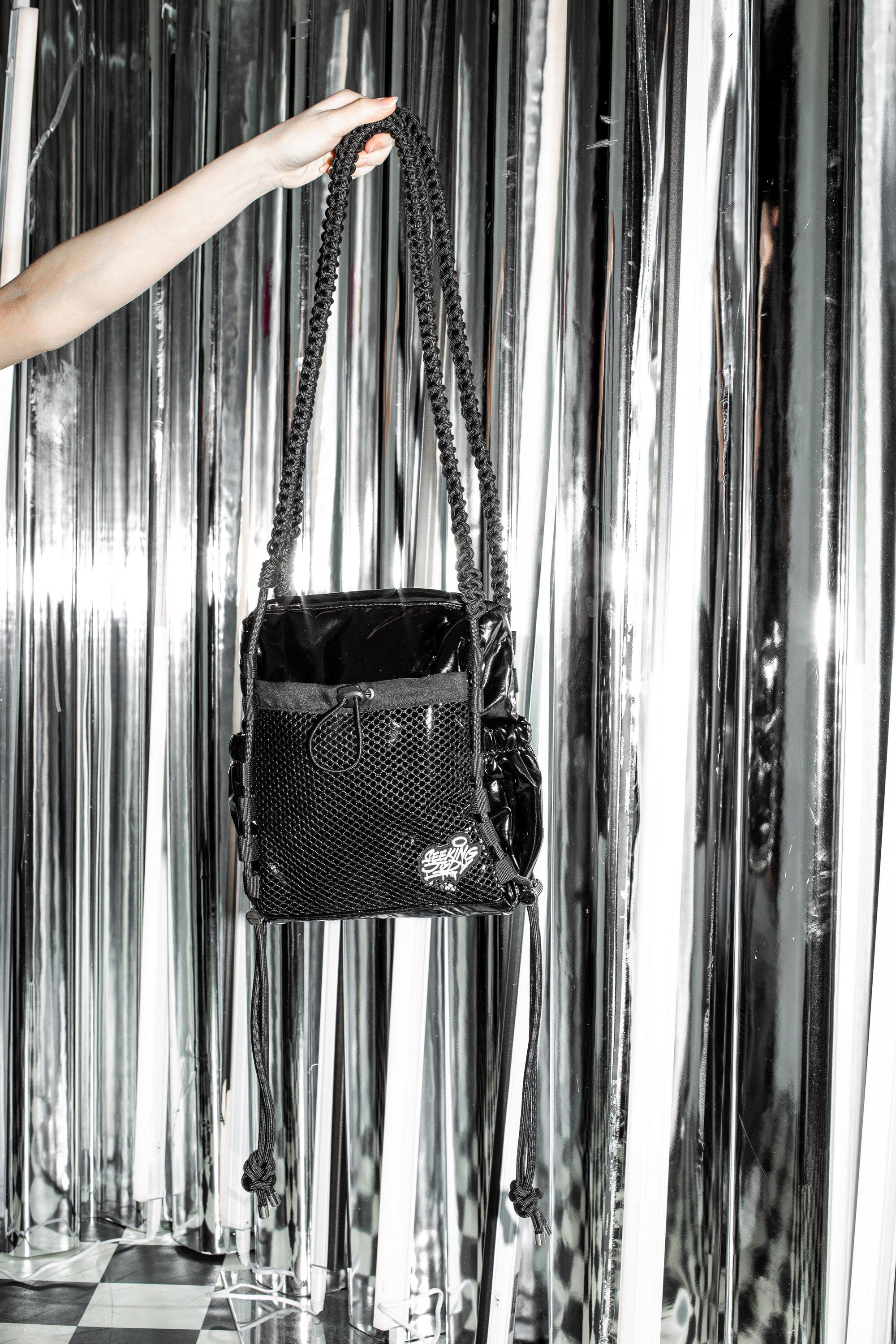 'Rain proof' Small Metallic Bag Black Patent