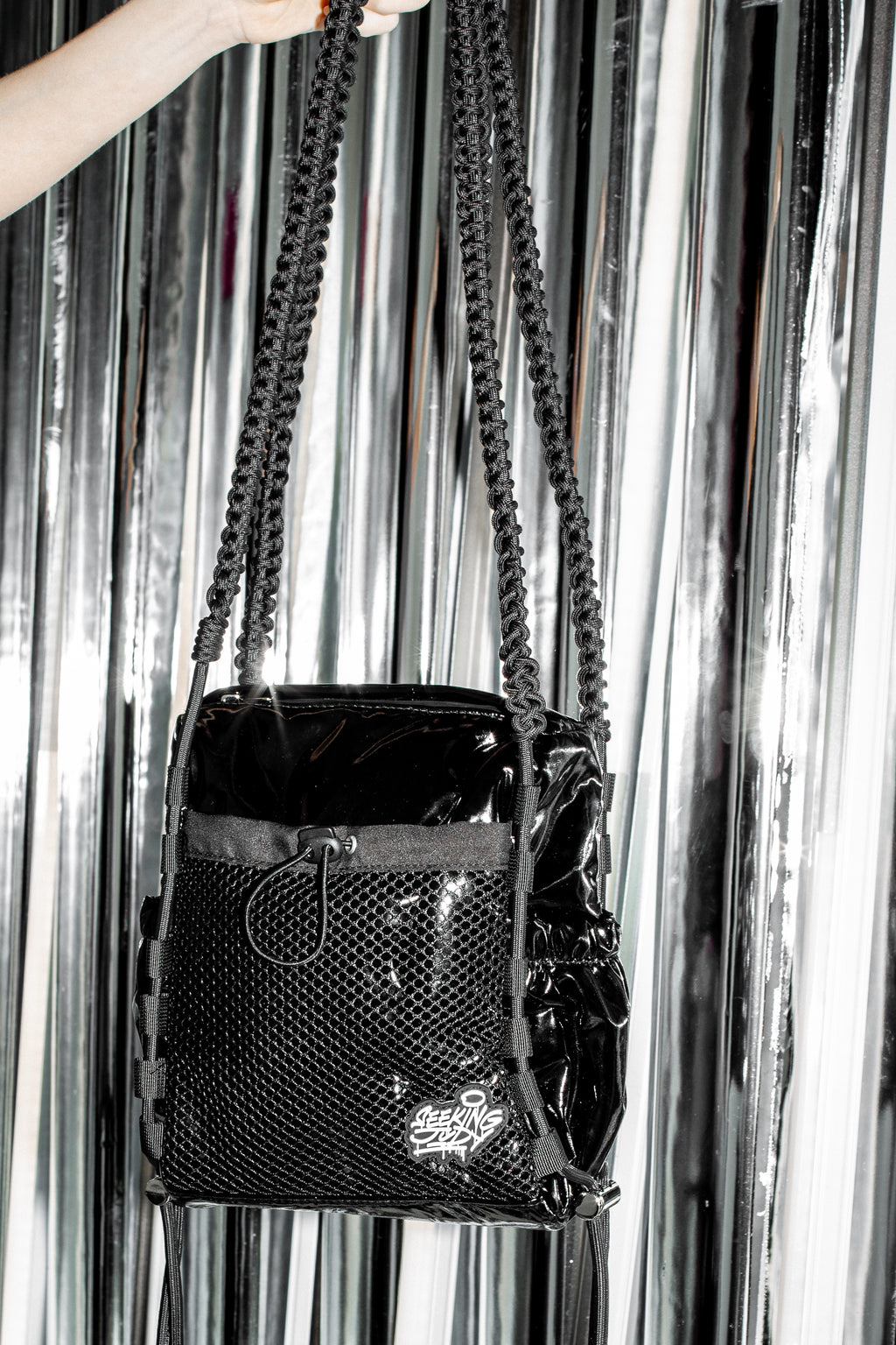 'Rain proof' Small Metallic Bag Black Patent