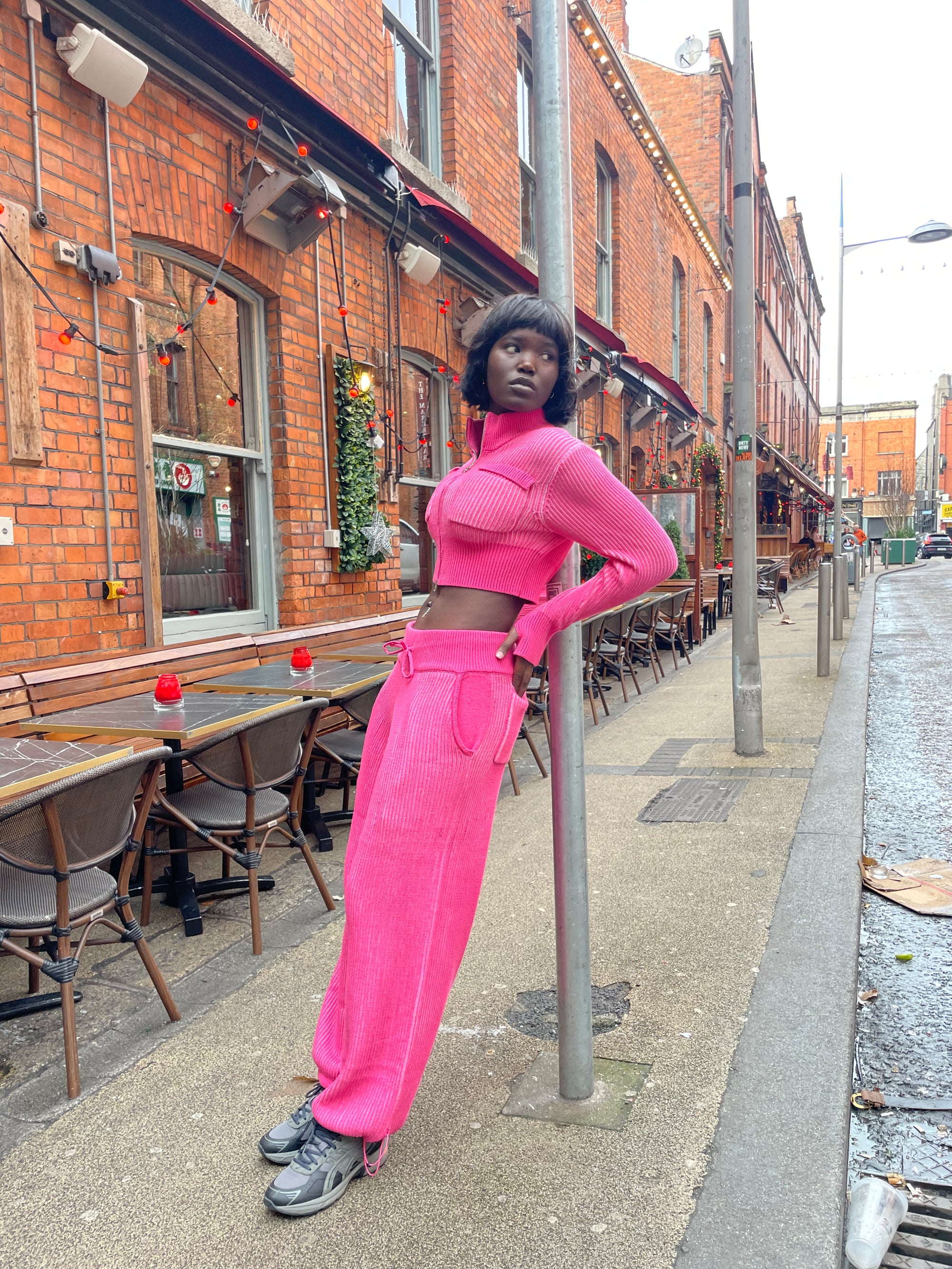 Pink 100% cotton rib knit tracksuit bottoms
