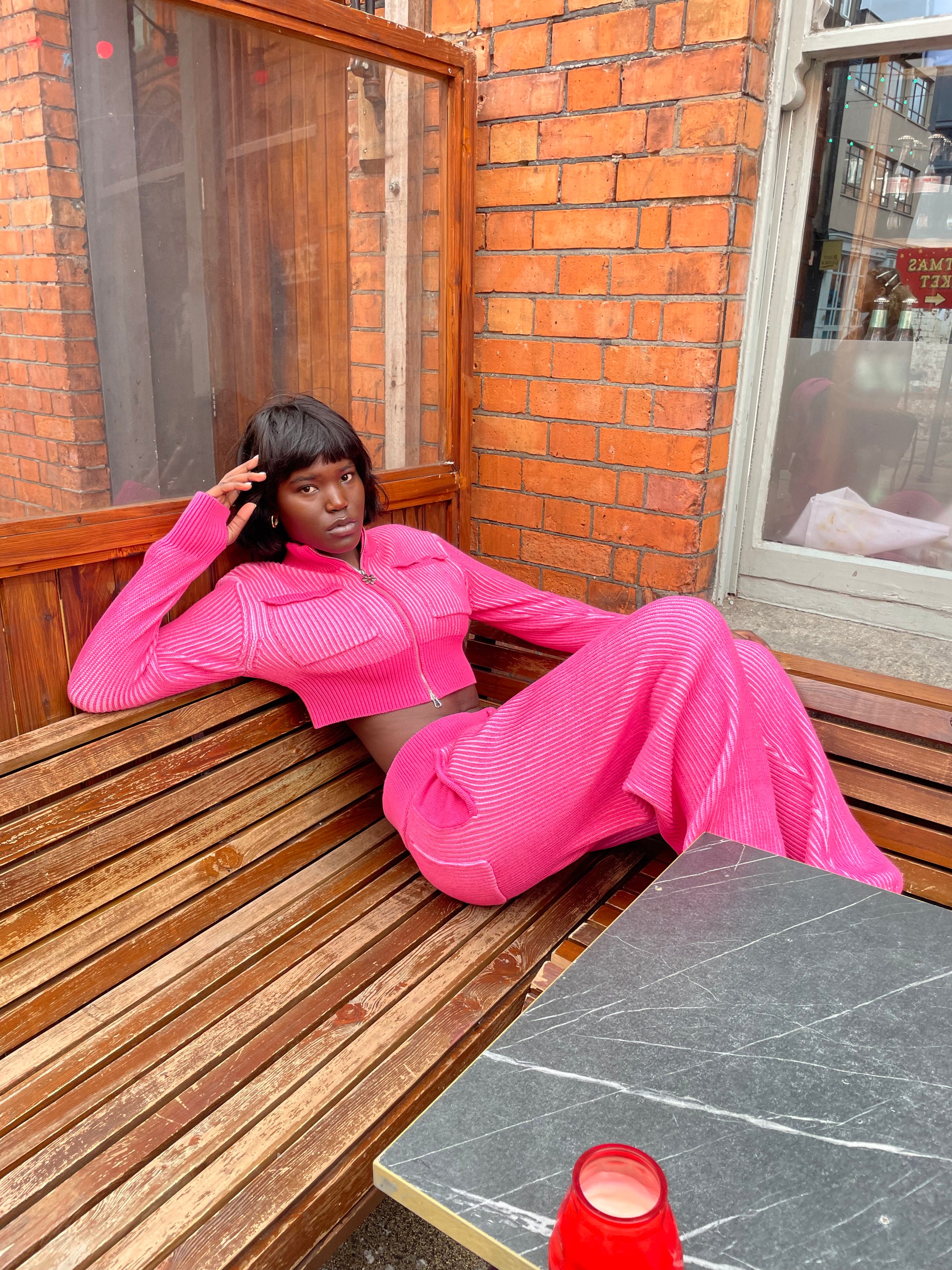 Pink 100% cotton rib knit tracksuit top cropped fit