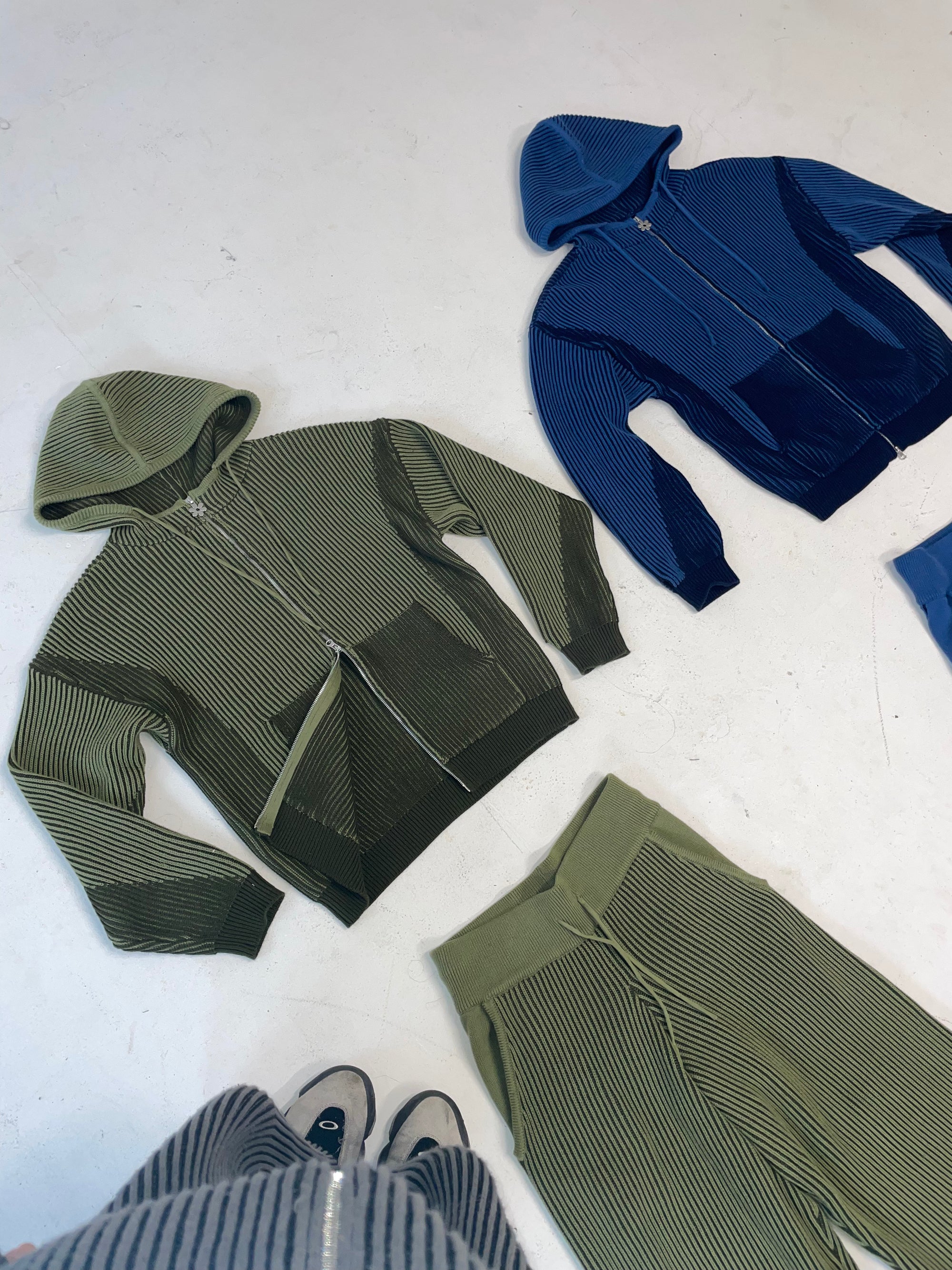 Khaki Hooded 100% cotton rib knit tracksuit top