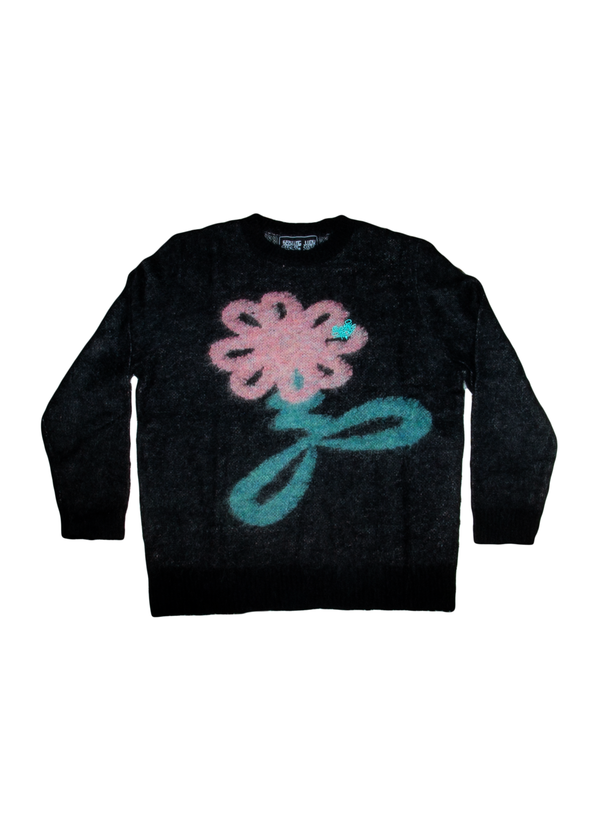 Black Mohair Jumper with Pink Flower