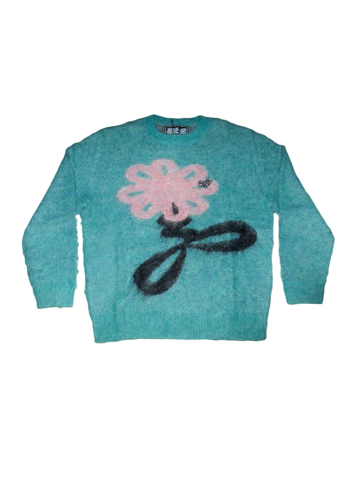 Blue Mohair Jumper with Pink Flower