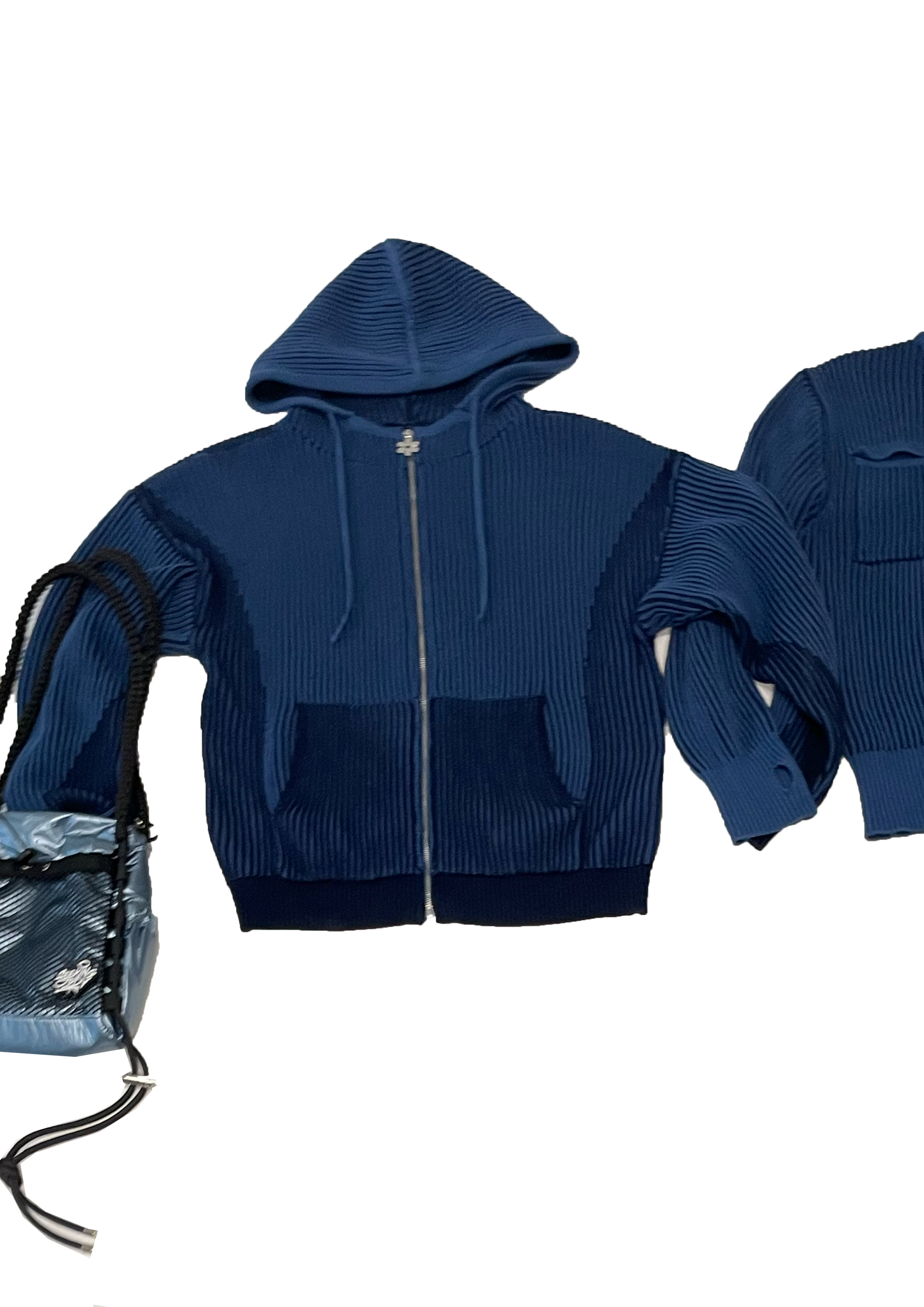 Blue Hooded 100% cotton rib knit tracksuit top