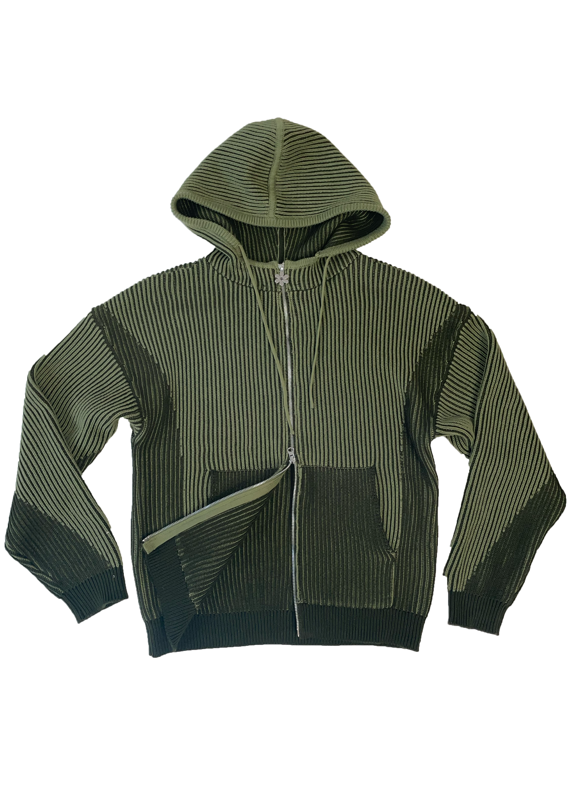 Khaki Hooded 100% cotton rib knit tracksuit top