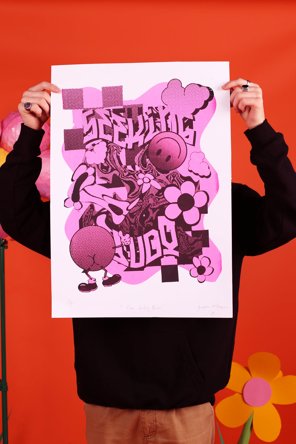 Smiley Bum Fine Art Screen Print - Pink and Black