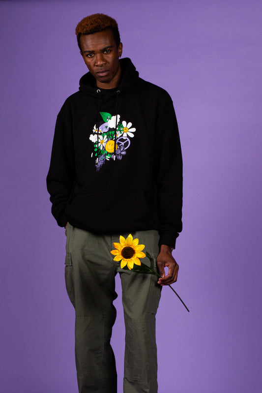 'Peace, Leaves, Love' Black organic hoodie