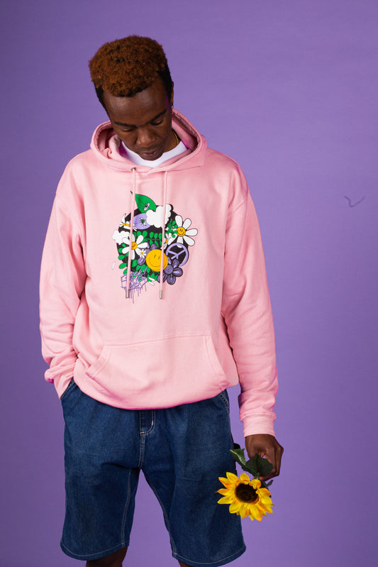 'Peace, Leaves, Love' Pink organic hoodie